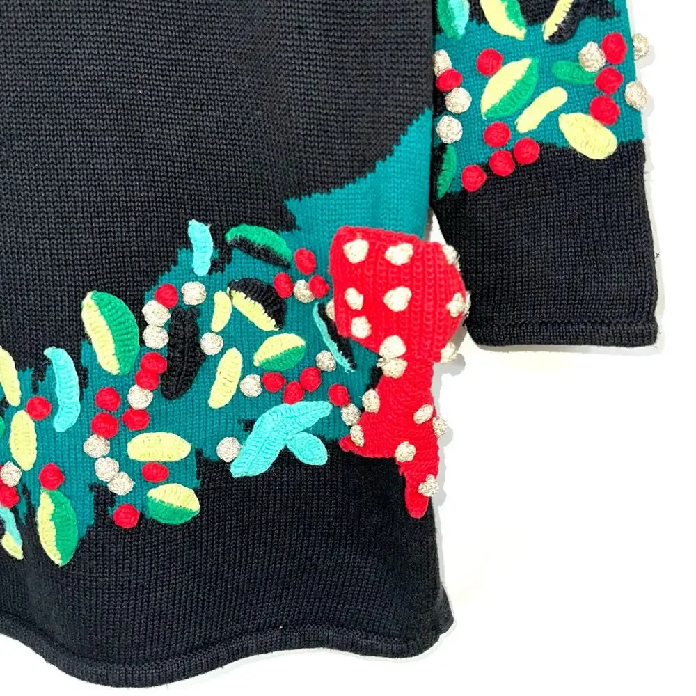 Vintage Marisa Christina Christmas Holly Berries Bow Knit Sweater Size M